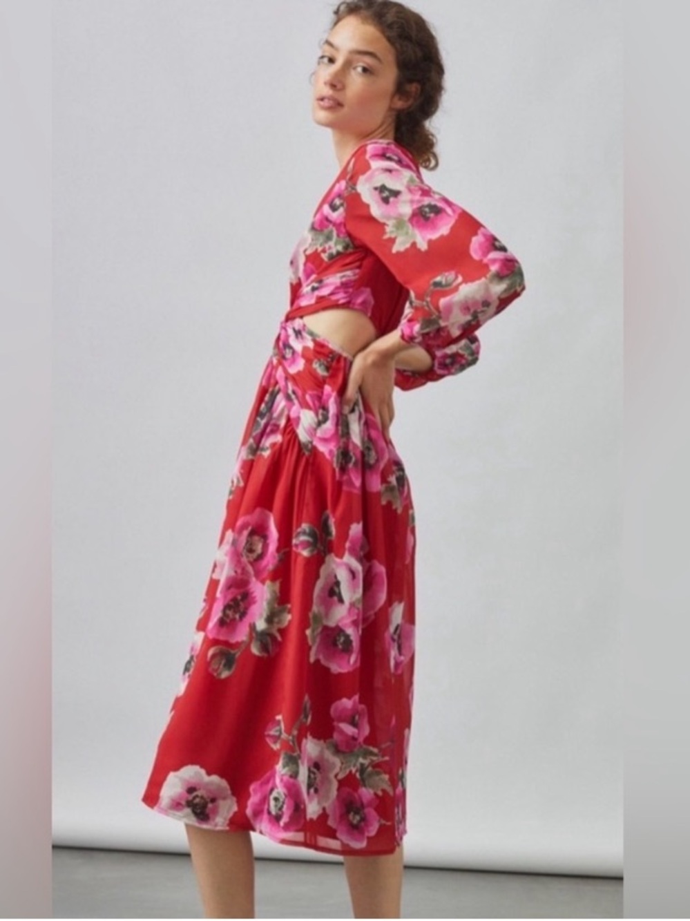 Anthropologie Ranna Gill Red Floral Cut Out Midi Dress